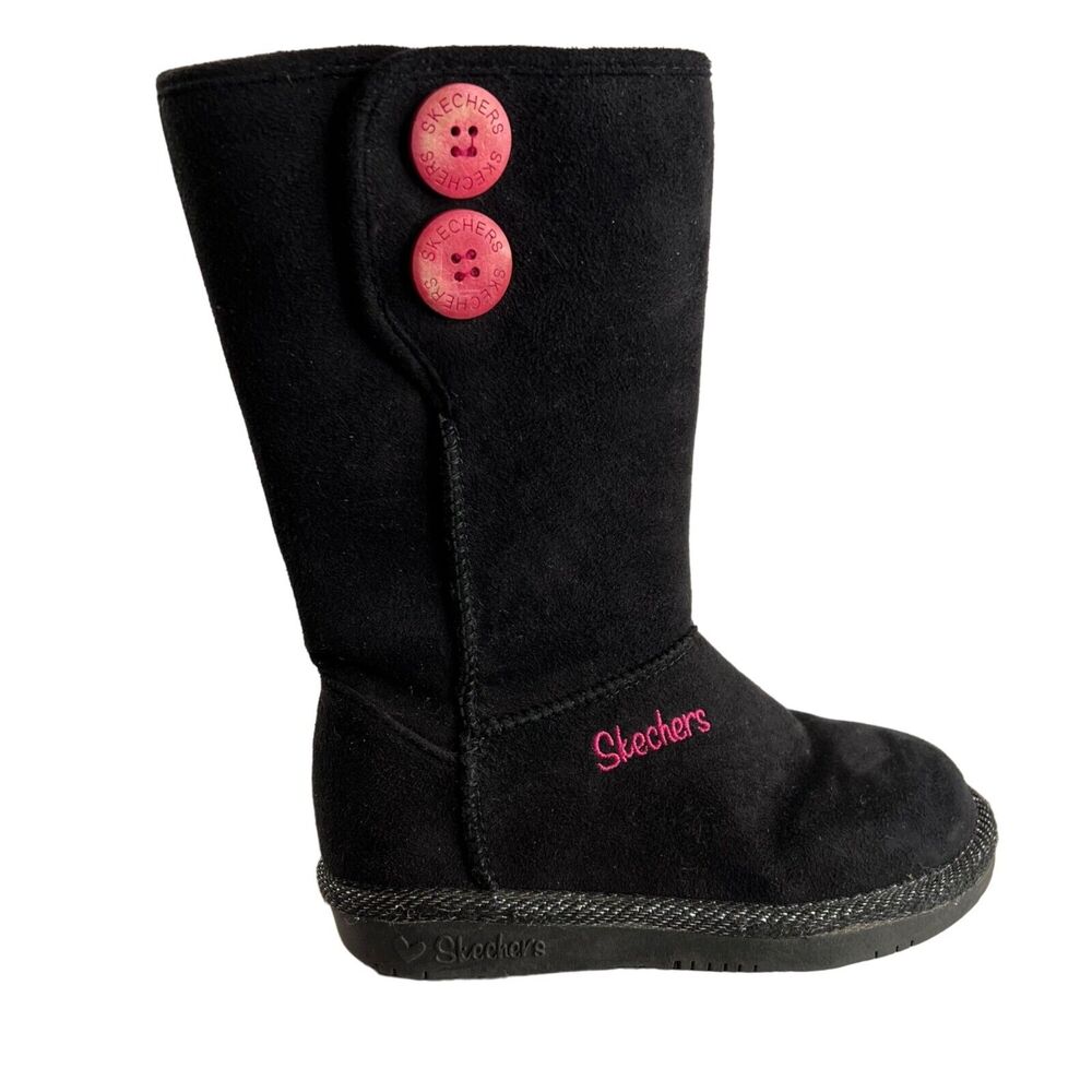 Skechers Girls Mid-Calf Black Boots Pink Buttons Size 11 Fall Winter